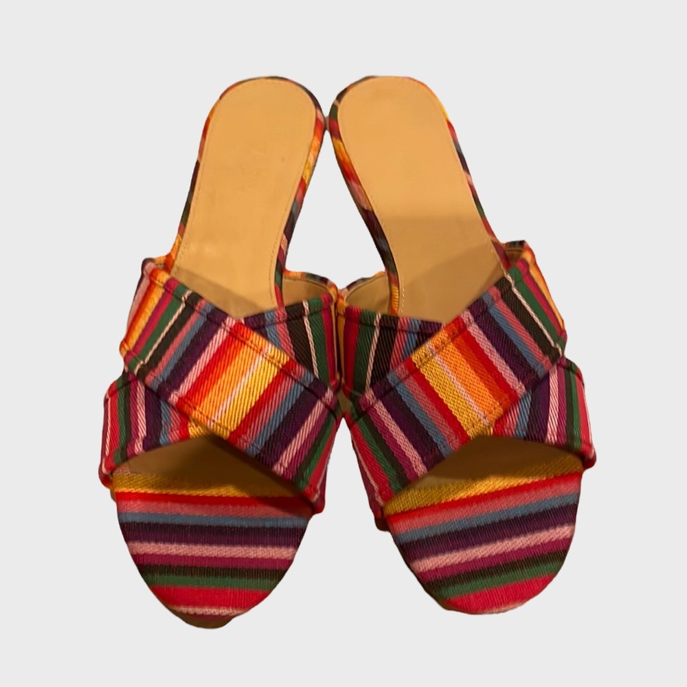 J Crew Multi Color, Criss Cross, Open Toe Fabric Flat Mules, Size 7.5